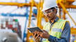 © Anna - Engineer in safety vest and hard hat overseeing container shipping operations at port