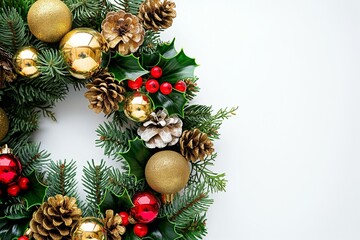 Christmas wreath with pine cones, gold and red decorations, bow 