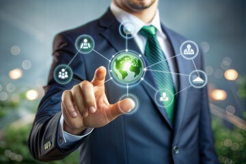 Canvas Print - businessman in blurred background with network icons around it