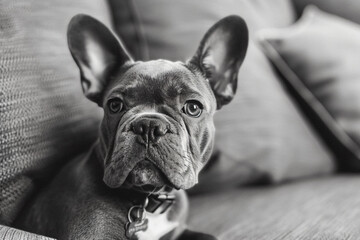 Wall Mural - a dog sitting on a couch with a collar around its neck