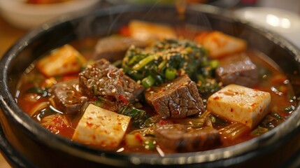 Wall Mural - Kimchi stew contains beef and tofu, and the background is Korean.