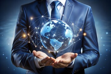 Canvas Print - global business concept businessman holding globe with network icons on background