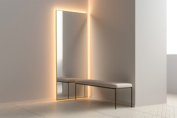 Wall Mural - empty room with a mirror,A modern room featuring a large mirror and a comfortable bench near a light-colored wall. The mirror is sleek with a minimalist frame, reflecting the room's contemporary desig