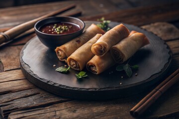 Wall Mural - rolls of spring rolls with soy sauce