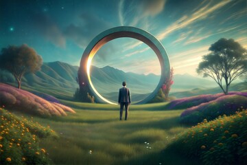 Sticker - surreal landscape with surreal moon and man