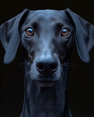 Wall Mural - Portrait of a black dog with shiny eyes, smooth fur, and detailed ears in a dark setting