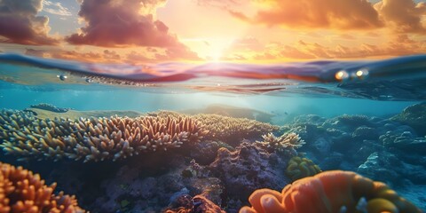 Wall Mural - Coral reef marine life seen underwater and above against sunset sky. Concept Underwater Photography, Marine Life, Coral Reef, Sunset Sky, Aquatic Wildlife