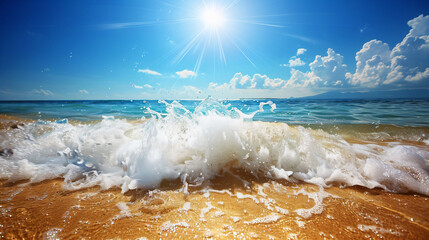 Wall Mural - Waves crashing on a sandy beach under a bright blue sky.