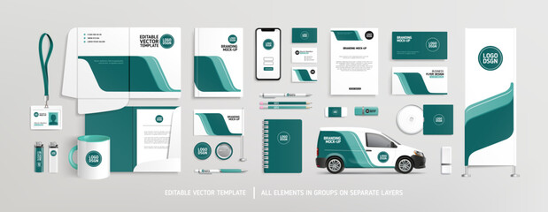 Wall Mural - Pefect vector Brand Identity concept of stationery Mock-Up set with green abstract graphics (set 2). Corporate style on stationery mockup template of File folder, annual report, van car, AD banner