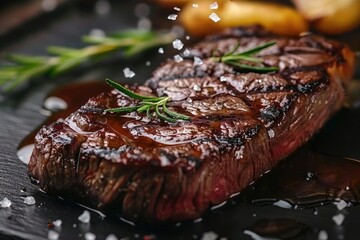 Canvas Print - Juicy, perfectly grilled steak with rosemary garnish on black plate, with sea salt sprinkled, and blurred background of potatoes.