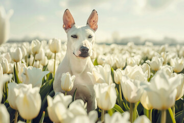 Wall Mural - a dog sitting in a field of white tulips