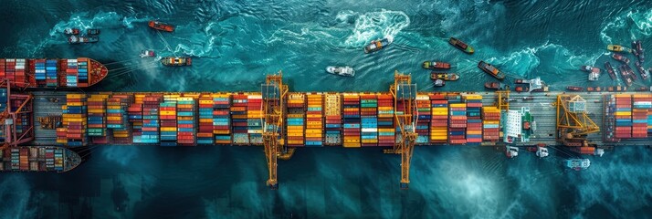 Wall Mural - Aerial View of Cargo Ship and Containers