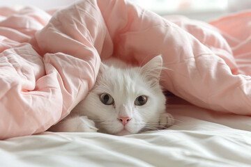 Wall Mural - a white cat laying in a bed covered in pink sheets