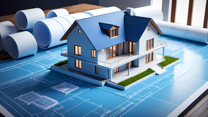 Wall Mural - 3D House Model and Blueprint: A Vision of Modern Architecture