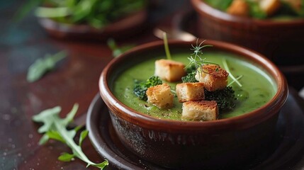 Wall Mural - Vegetarian Broccoli Soup with Croutons Space for Text