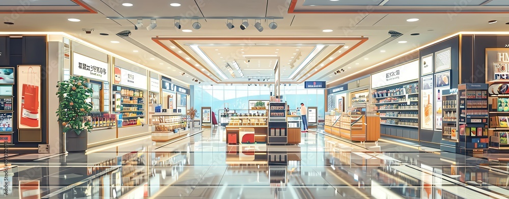 Duty-free shop with displays in a vibrant illustration style and clear ...