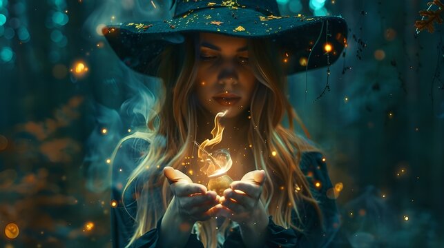 Halloween Witch girl with making witchcraft magic in hands