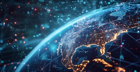 Wall Mural - global network concept, with visualization lines representing connections, glowing, earth