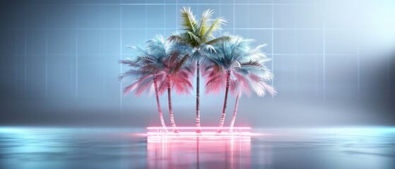 Futuristic neon tropical concept with palm trees, reflective water surface, and glowing grid background. Modern surreal tropical landscape.