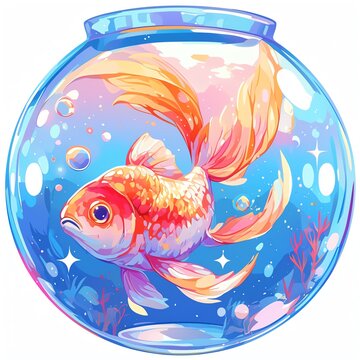 Colorful illustration of a goldfish swimming in a round fishbowl with bright, vibrant underwater scenery.