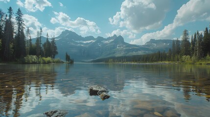 Wall Mural - A serene mountain lake nestled between rugged peaks with a view of the clear sky. reflecting the surrounding snow-capped mountains.