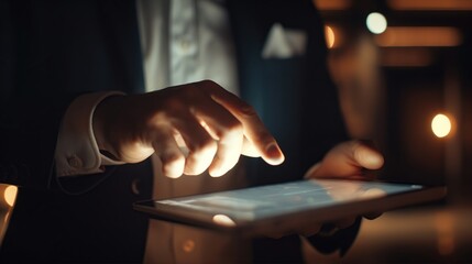 formal Man Touches screen of tablet