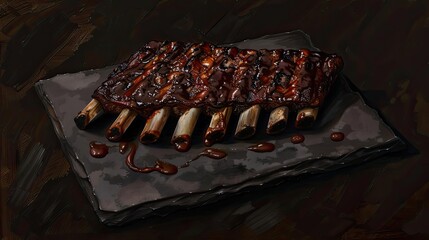 Canvas Print - Juicy, barbecue-glazed ribs served on a dark slate platter. Perfect for food-related projects or restaurant menus.
