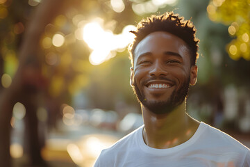 Closeup Portrait of smiling handsome African American guy walking outdoors