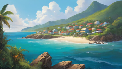 Wall Mural -  Oil painting illustration atmospheric landscape of a small town by the caribbean sea