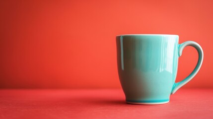 A aquamarine mug on a tomato red background with copyspace