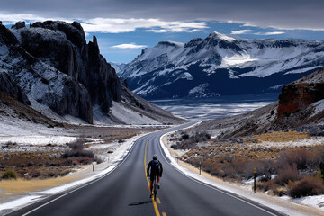 lone cyclist on a vast empty road with a clear sky