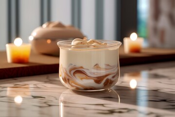 Wall Mural - Delicious panna cotta in glass bowl on table, closeup
