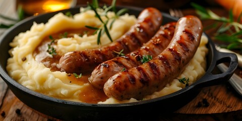 Canvas Print - Bangers and Mash A Classic British Dish of Sausages, Mashed Potatoes, and Gravy. Concept Traditional British Cuisine, Sausage Recipes, Comfort Food Ideas, Hearty Dishes, British Pub Fare