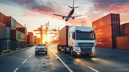 Aufkleber - Transportation and logistic network distribution growth Container cargo ship and trucks of industrial cargo freight for shipping Business logistic import export and transport industry : Generative AI