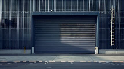 Poster - Closed metal grate rolling door of the warehouse storage or service garage View from in front of the building industrial building place : Generative AI