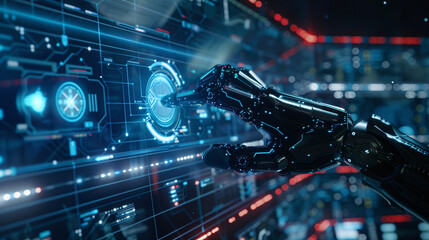 Robot hand pressing on virtual digital screen hologram interface