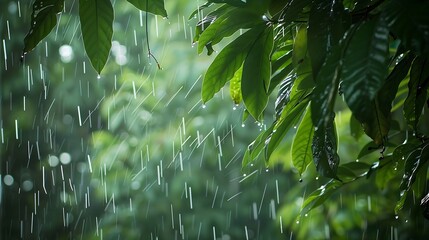 Aufkleber - raining shower drop on leaf tree close up of rainfall in jungleHeavy Rain Falling on Tree Leaves in forest droplets fixed on green leaves Raining day in tropical forest Raindrop in dee : Generative AI
