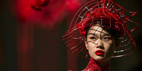 Sticker - Fashion model in red metal cage headpiece and unique outfit on runway. Concept Fashion, Runway, Avant-Garde, Couture, Headpiece