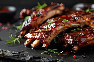 Poster - Delicious BBQ pork ribs glazed with sauce and garnished with fresh rosemary and red pepper on a dark slate board, ready to enjoy.