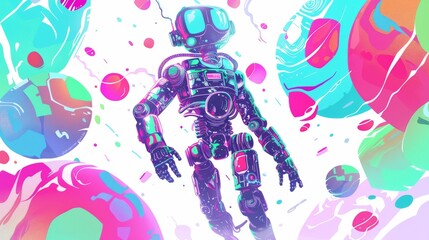 Wall Mural - Vibrant Psychedelic Digital Illustration of a Floating Robot in Colorful Abstract Space with Neon Elements