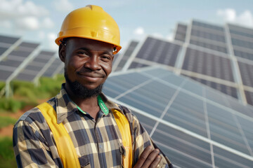 Portrait of a black engineer in a protective helmet against the background of photovoltaic panels. Theme of energy saving and alternative solar energy
