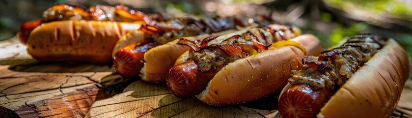 Wall Mural - Grilled hot dogs topped with onions on a wooden surface, outdoor setting, perfect for summer barbecue or picnic.