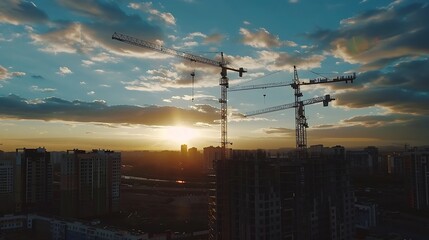 Wall Mural - sunset at the construction site aerial view black silhouettes of residential buildings with tall cra