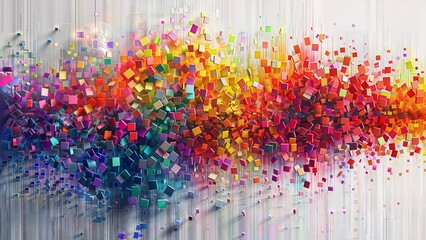Explosion of colorful 3D cubes and squares creating a dynamic abstract composition. Vibrant digital art with flying geometric shapes for graphic design or modern wallpaper.