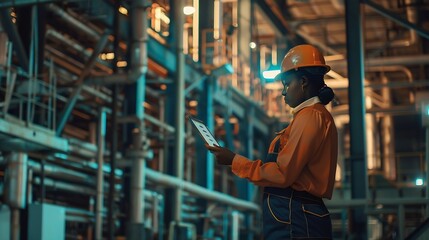 Aufkleber - Civil engineer woman dark skin wearing uniform and safety helmet under inspection and checking plan on factory plant station by tabletCivil EngineerIndustryconstructionIndustry mainten : Generative AI