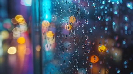 Aufkleber - Water drops on a glass surface Window with cityscape background Rain drops : Generative AI