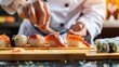 © The Little Hut - Closeup of chef hands preparing japanese food Japanese chef making sushi at restaurant Young chef making traditional japanese sushi on cuting board : Generative AI
