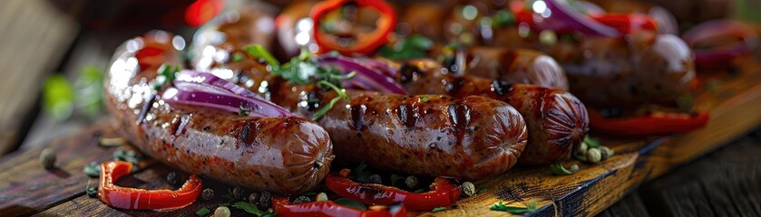 Wall Mural - Grilled spicy sausages with herbs and sliced red peppers on a wooden board. Perfect for a barbeque or hearty meal.