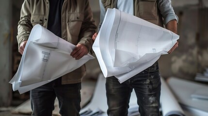 Aufkleber - American builders holding blueprints ready to work on site : Generative AI