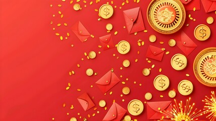 Wall Mural - Festive Chinese New Year Background with Red Envelopes,Gold Coins,and Fireworks